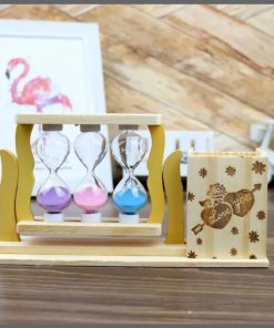 Handicraft Wooden Pen Stand with 3 Hourglass Timer