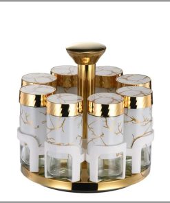 9pcs marble Rotating Stainless Steel Glass Cruet Condiment Spice Jars set