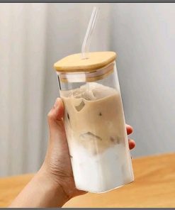 470ml transparent glass cup with bamboo hooled lid