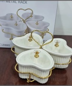 3Pcs Ceramic love shape sugar bowls acrylic lids on gold metal rack