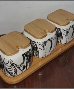 3Pcs Ceramic marble cruet sugar dish bamboo base