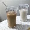 375ml Simple Stripe Glass Cup With Lid and Straw