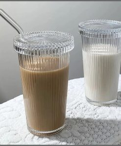 375ml Simple Stripe Glass Cup With Lid and Straw