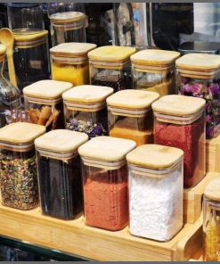 12pcs Square  Glass Spice Jar set with a Wooden Bamboo Stand