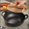 Pre-seasoned pure cast iron flat bottom wok with wooden lid