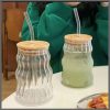 500ml striped glass cup with bamboo lid