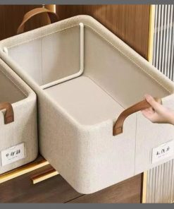 Steel frame support storage basket/ garment organizer with leather handle
