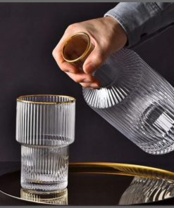 6Pc Ribbed glasses with gold rim  and decanter