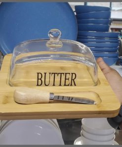 600ml Glass butter dish with bamboo tray