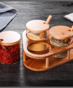 3Pcs Glass spice rice container with bamboo holder