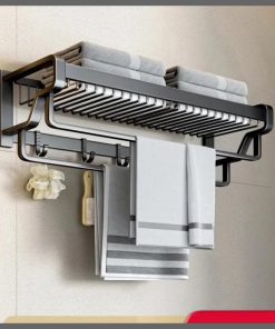 Bathroom wall mounted towel rack accessory with hooks