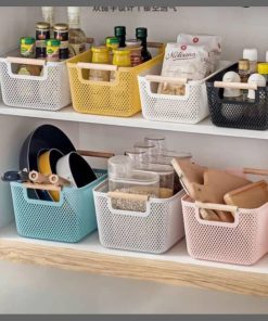 3pcs Extra-Large Mesh Plastic Storage Baskets with bamboo Handles