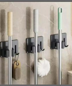 3Pcs DIY Mop Holder Wall Mounted, Stainless Steel Self Adhesive Mop Broom Holder with Hooks