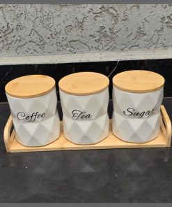 3pcs Ceramic Canisters Set  with Bamboo Stand