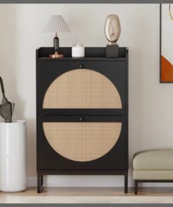 Rattan Wooden Black  Bucket Flip Shoe Cabinet