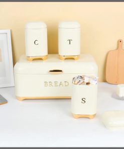 Bread Bin with Three Canister Set with touch of gold