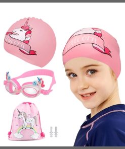 Kids Swim Cap with Swimming Goggles and Swim Bag for Girls Boys