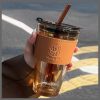Glass Cup With Cover, Straw  and Leather Sleeve