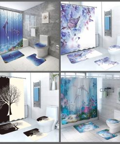 3D 4in1 bathroom woolen mats with a waterproof shower curtain