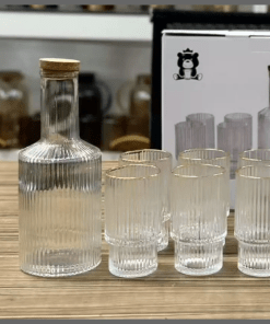 7Pcs Custom Vertical Decanter with Bamboo lid & 6pcs Highball Glassware with Gold Rim