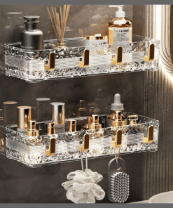 Acrylic Wave Patterned Storage Shelf with gold colored hooks