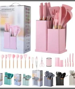 19pcs heat resistant silicone cooking kitchen spoon set with knives and chop board