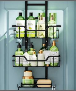Drill-Free Bathroom Shelf Over Door Hanging Organizer Wall-Mounted Basket