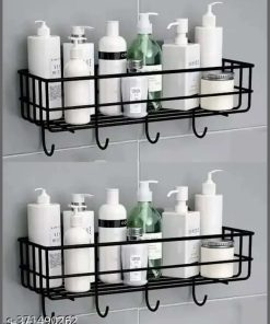 Rectangular metallic bathroom shelf with hooks