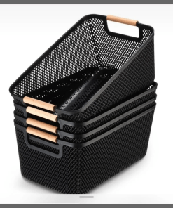 3 pcs set Mesh Plastic Storage Baskets with bamboo Handles