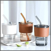 300mls Gorgeous slub glass smoothie cup with straw and leather cover