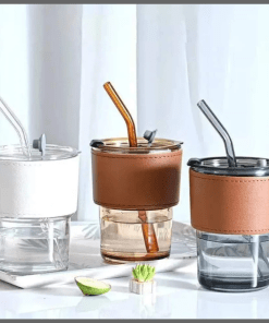 300mls Gorgeous slub glass smoothie cup with straw and leather cover