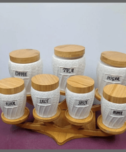 7pcs Ceramic Canisters With A Bamboo Stand and Bamboo Lids
