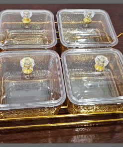 4in1 4pc heavy glass golden sugar dish set in a golden frame