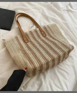 Striped pattern double handle straw bag
