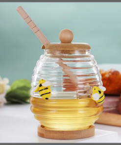 420ml Transparent honey jar with bamboo dipper and lid